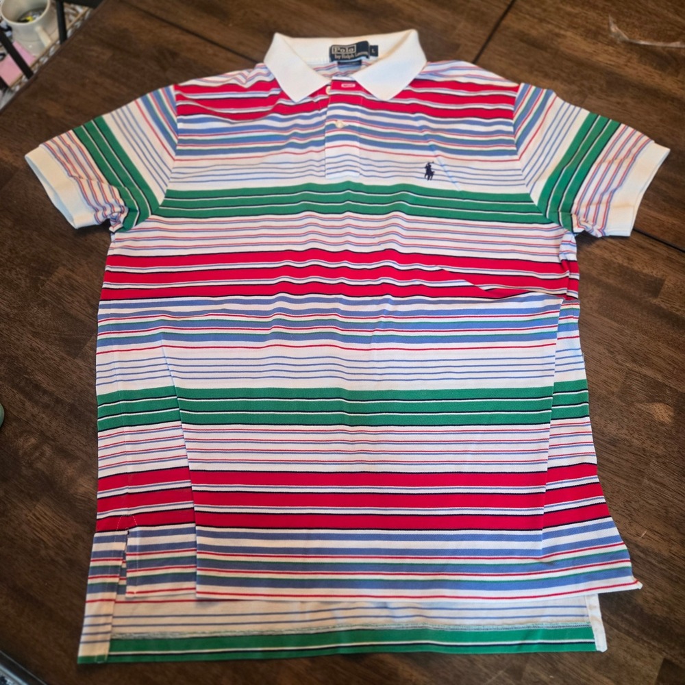Polo Ralph Lauren Mens Large Pima Cotton Striped Polo Shirt Red Green Blue White - Picture 2 of 7